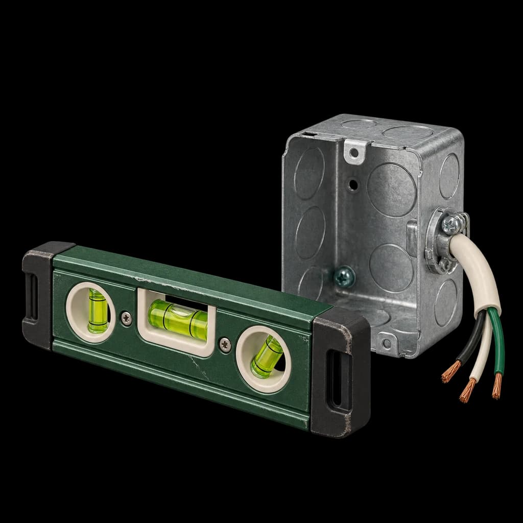 Green construction level beside an exposed electrical box