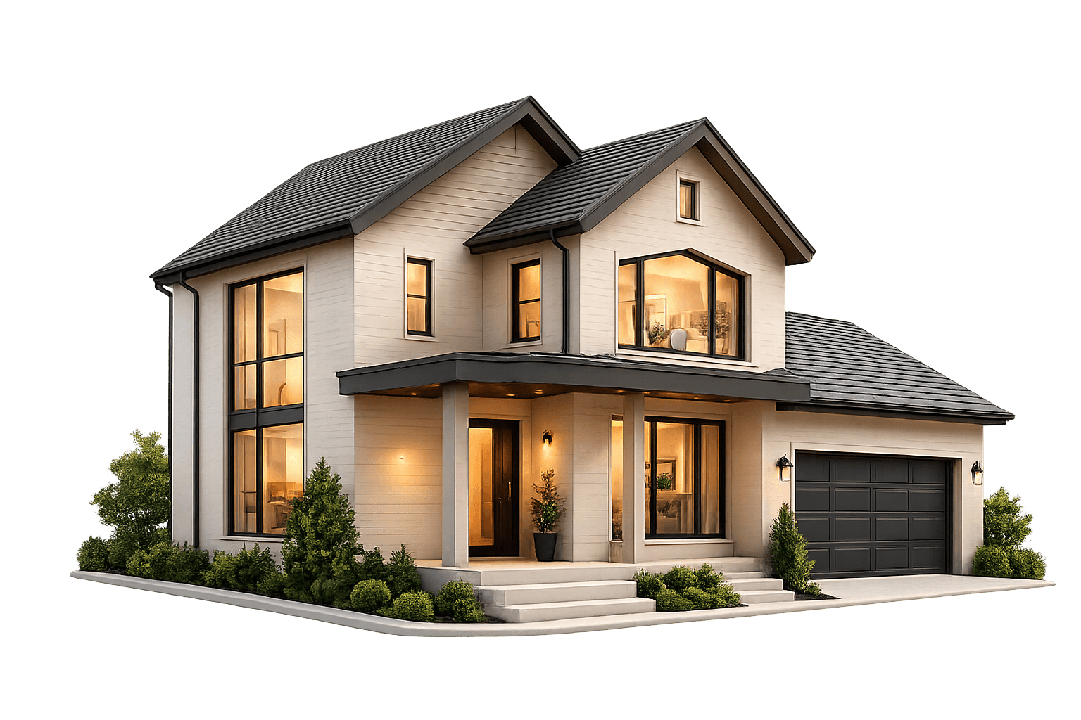 Cream two-story house with a dark roof, warm windows and a front porch