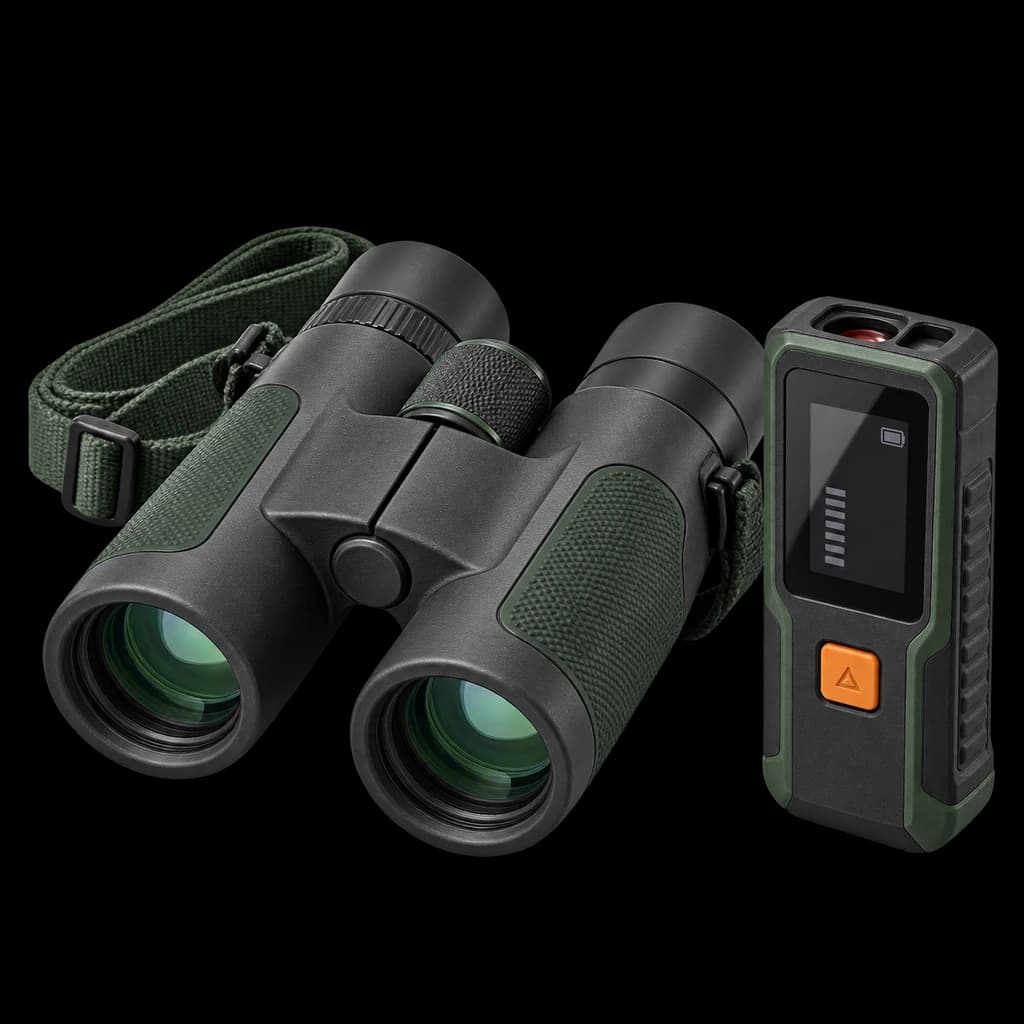 Green binoculars and a distance meter used for exterior observations