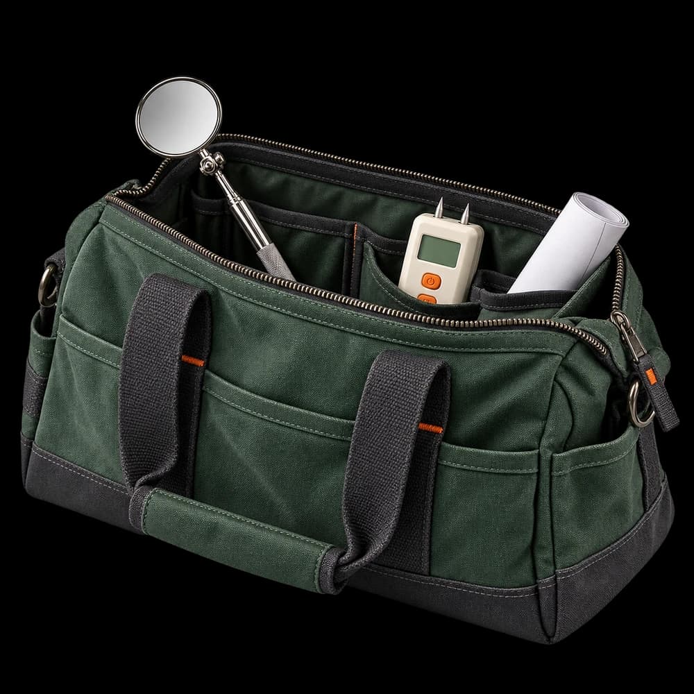 Green inspection tool bag with a moisture meter, mirror and plans
