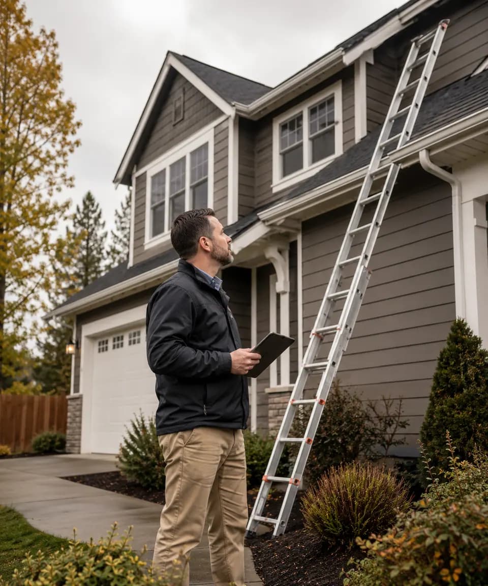 An inspector reviewing the exterior of a home with a tablet