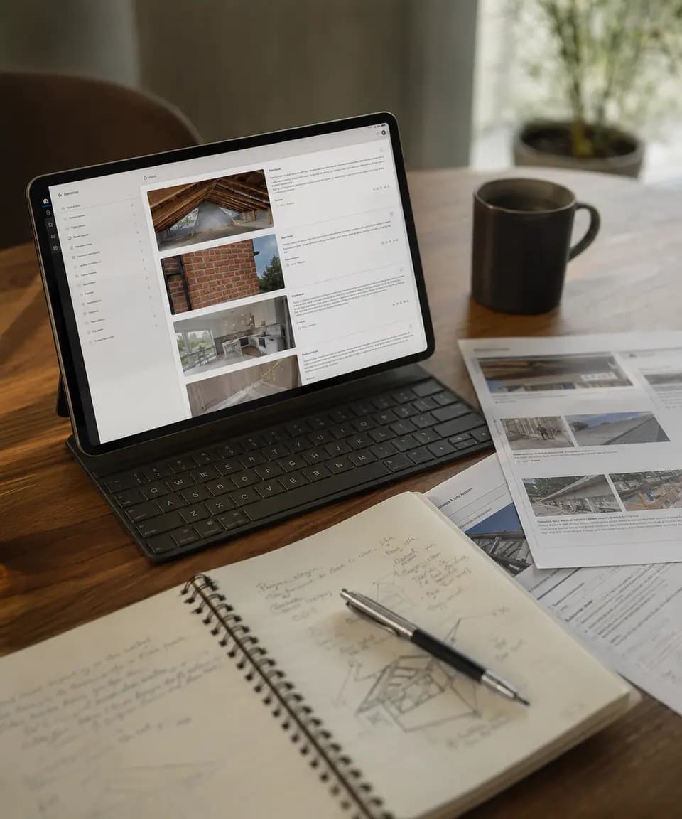 A digital inspection report with property photographs beside a notebook