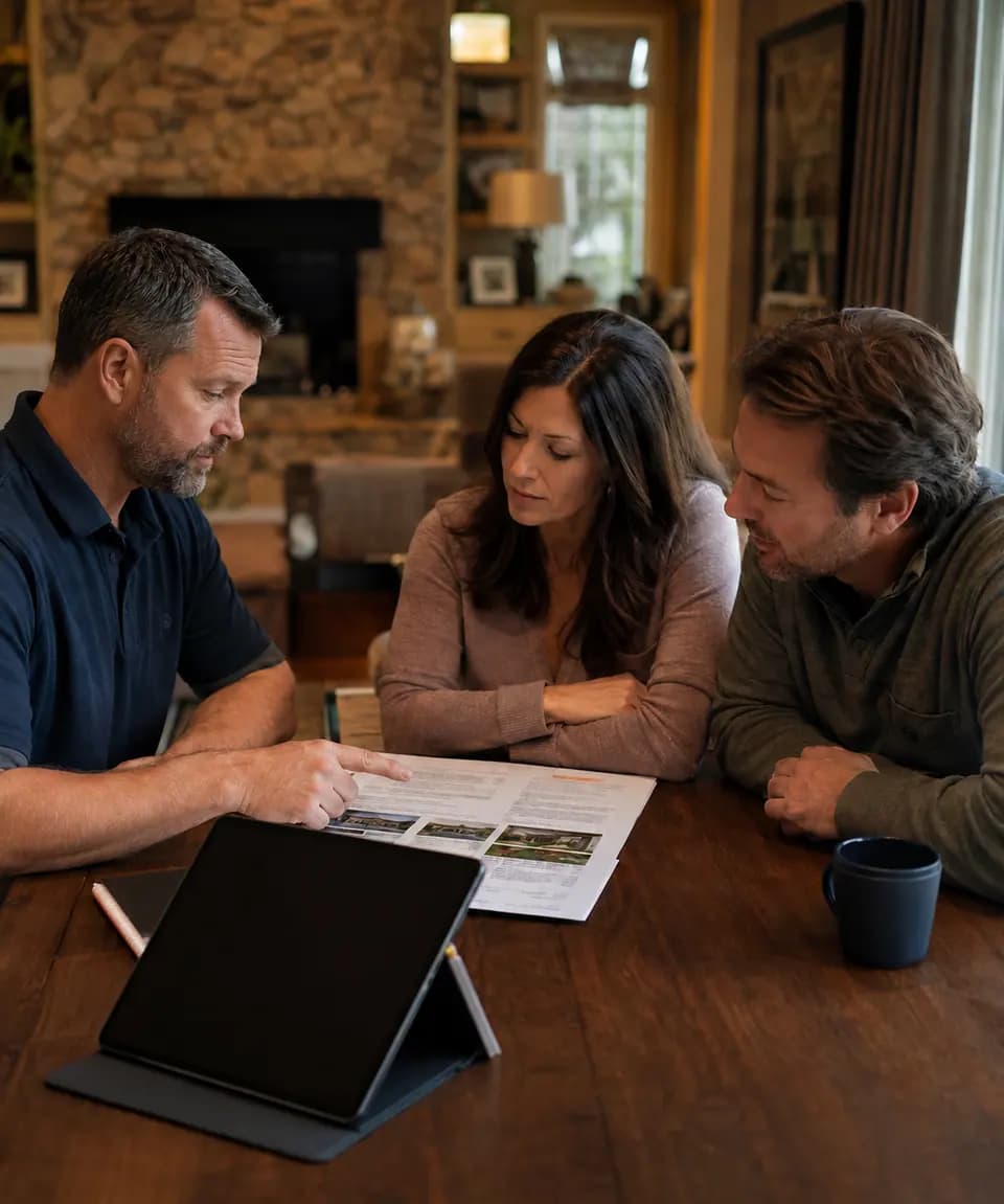 An inspector explaining a report to homebuyers at a table